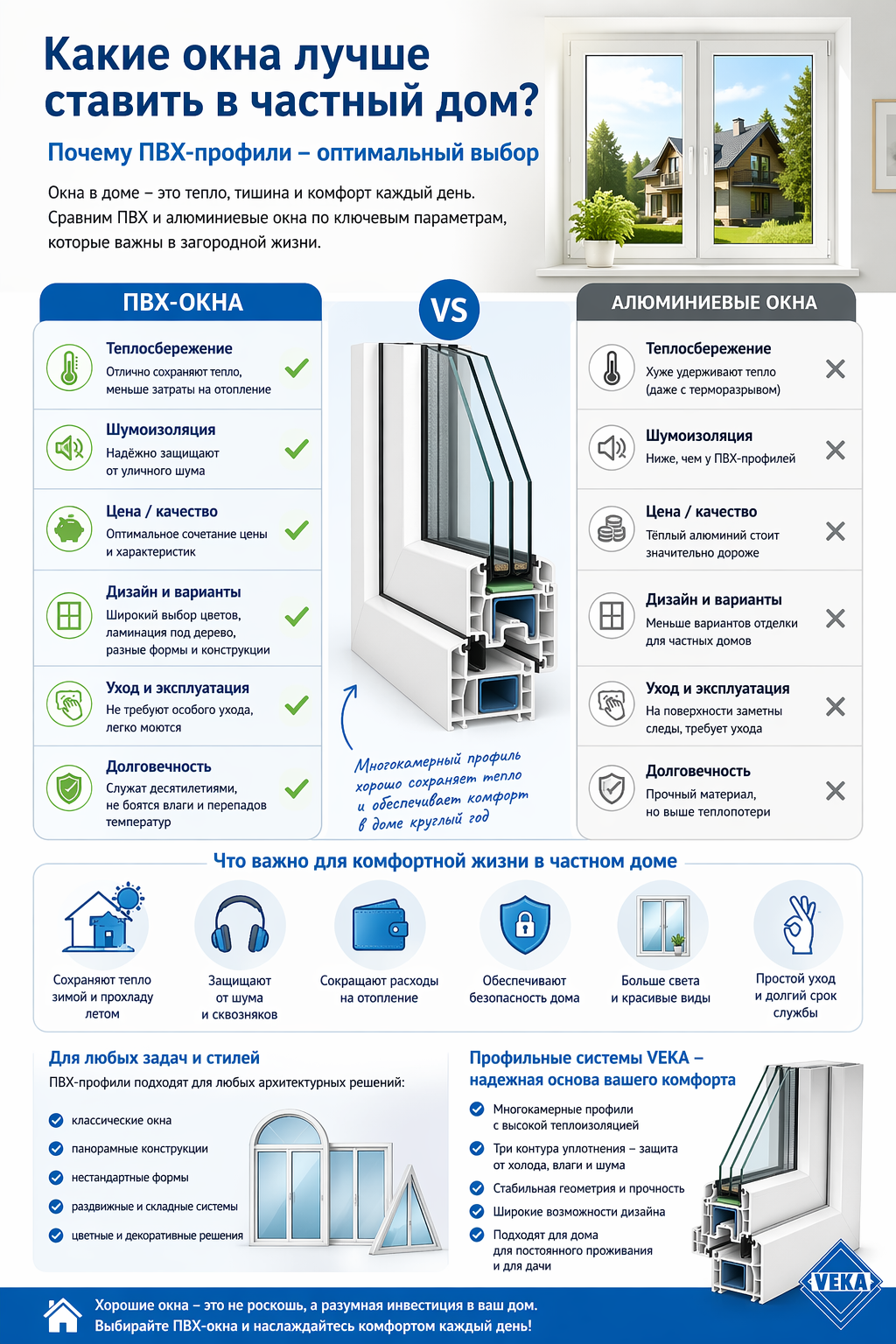 Какие окна VEKA выбрать для частного дома? Сравниваем ПВХ и алюминий