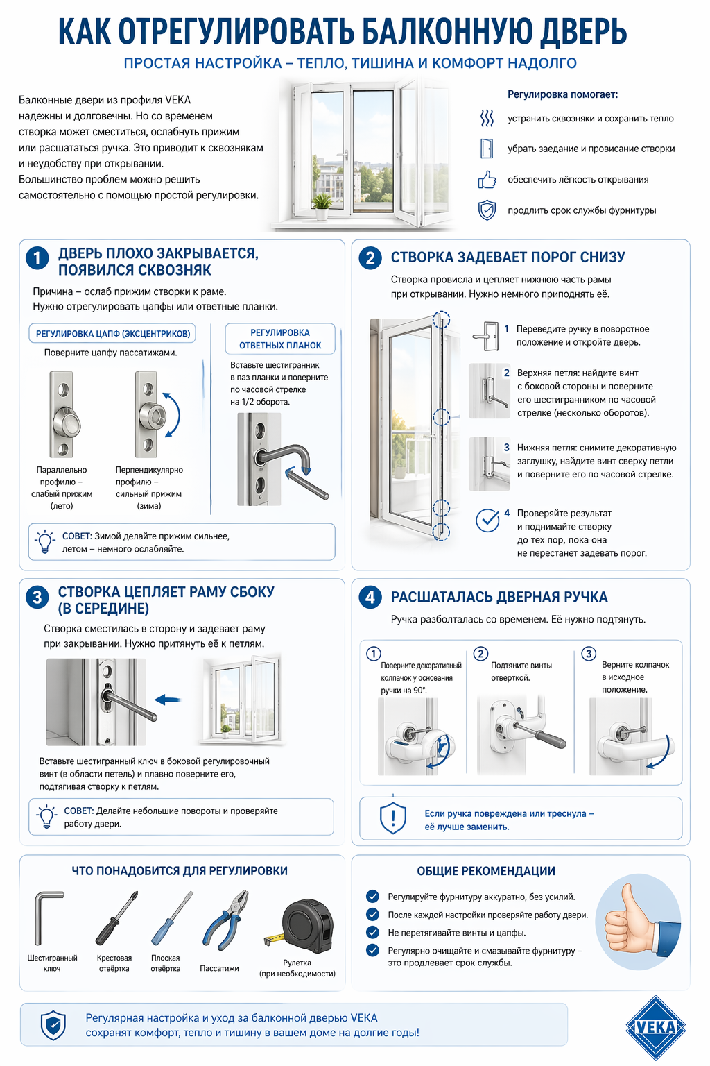 Как сохранить правильную работу балконной двери из профиля VEKA и самостоятельно выполнить регулировку